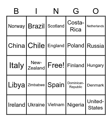 Countries Bingo Card