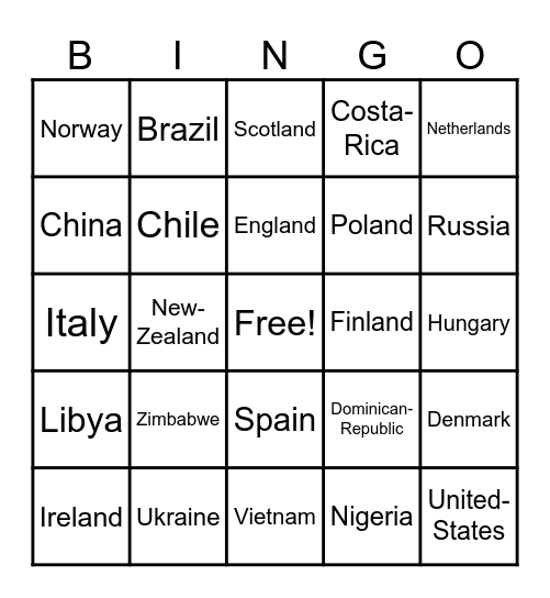 Countries Bingo Card