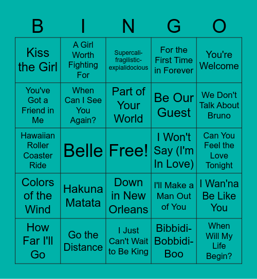 Disney Music Bingo Card