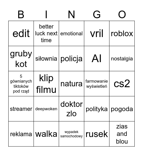 tiktok Bingo Card
