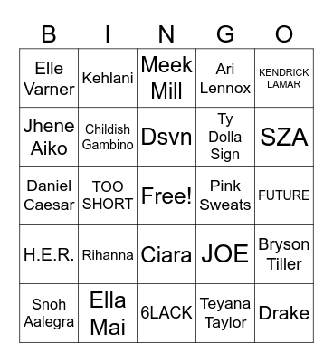 Trap Bingo: R&B Bingo Card