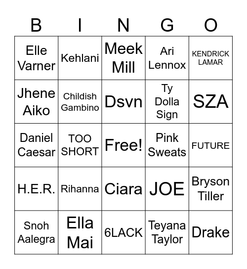 Trap Bingo: R&B Bingo Card