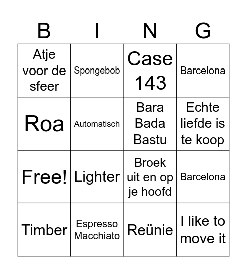 Muziekbingo groep 5 Bingo Card