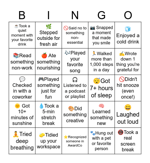 Recharge Bingo Card
