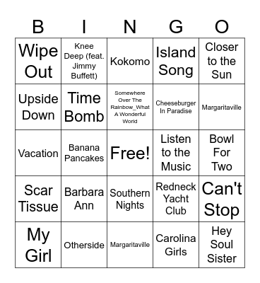 Beach Music Bingo Card