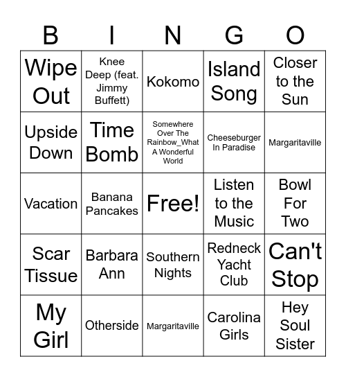 Beach Music Bingo Card