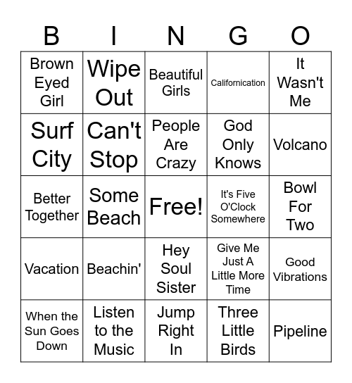 Beach Music Bingo Card