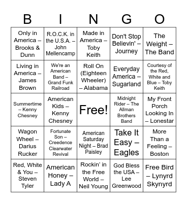 American Music Bingo Card