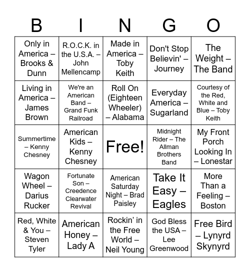 American Music Bingo Card