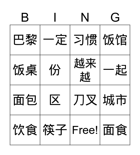 中法饮食词汇 Bingo Card