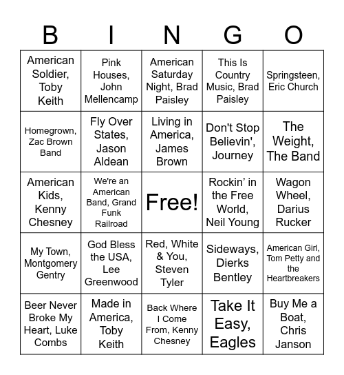 American Music Bingo Card