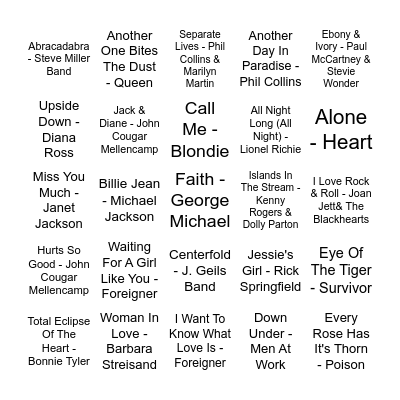 Billboard's Best of the 80s Bingo Card