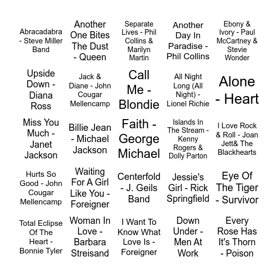 Billboard's Best of the 80s Bingo Card