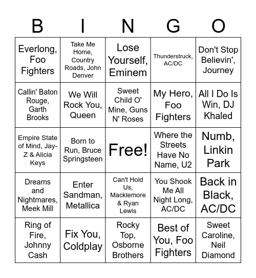 Stadium Song Bingo Card