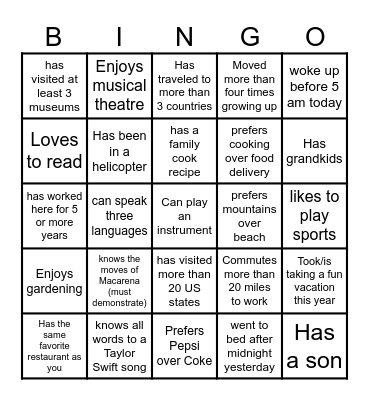 Get to know your coworkers! Bingo Card
