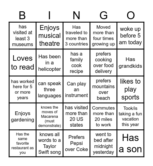 Get to know your coworkers! Bingo Card