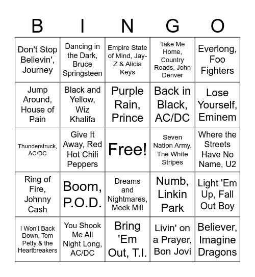 Stadium Song Bingo Card