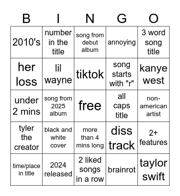 youtube music bingo Card