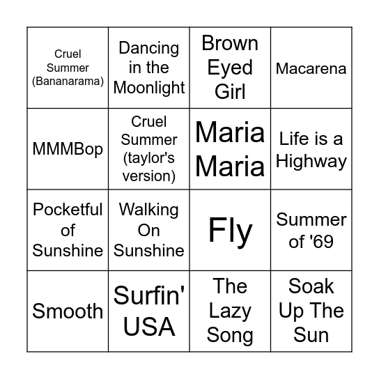 Summertime Fun Bingo Card