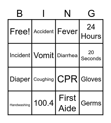 Health Emergency/Sick Child/Hygiene Bingo Card