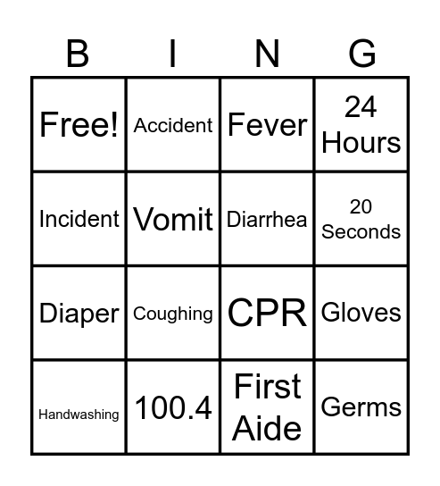 Health Emergency/Sick Child/Hygiene Bingo Card