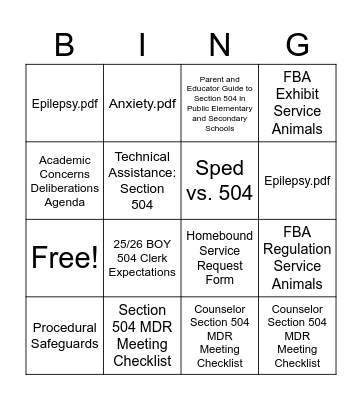 CCISD Section 504 Hub Bingo Card