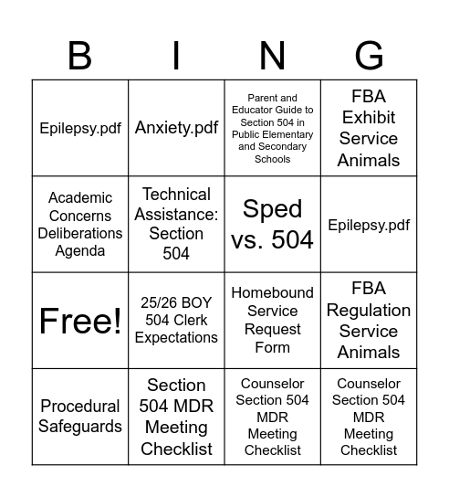 CCISD Section 504 Hub Bingo Card
