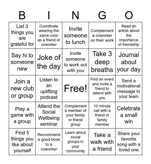 Social Wellness Bingo Card