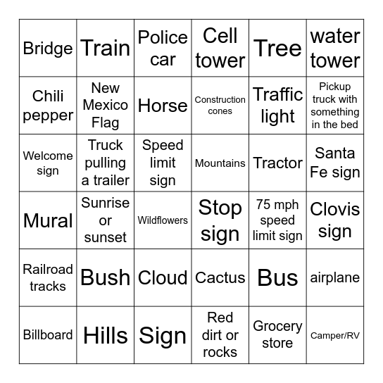 New Mexico Bingo Card