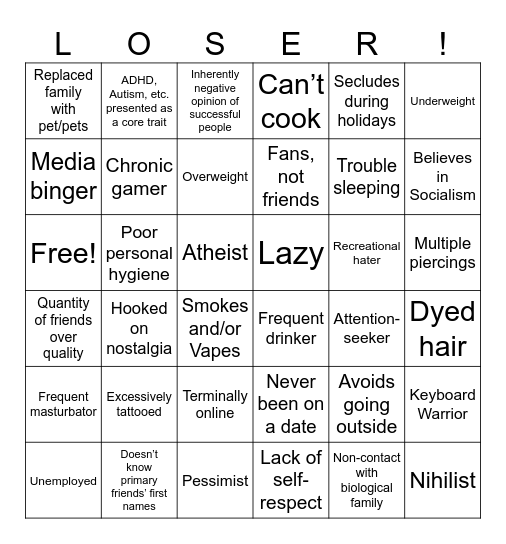 Loser Bingo Card