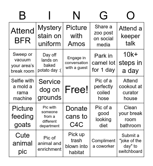 Zookeeper Week Bingo Card