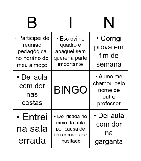 BINGO DAS SITUAÇÕES Bingo Card