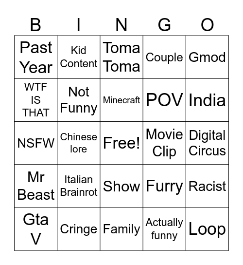 YouTue shorts Bingo Card