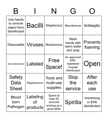 Infection Control and Sanitation Bingo Card