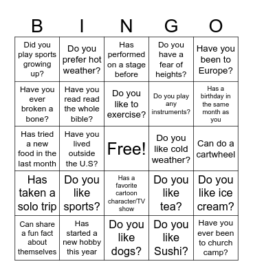 24 Questions Bingo Card