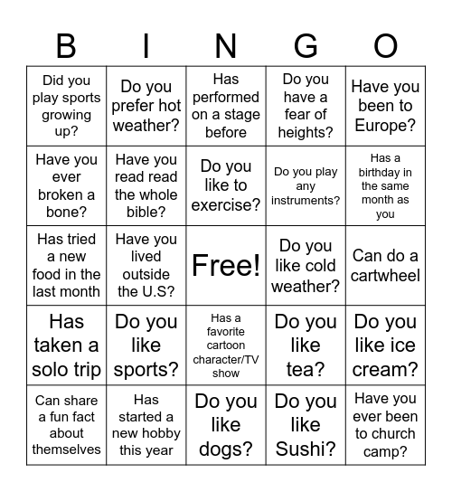 24 Questions Bingo Card
