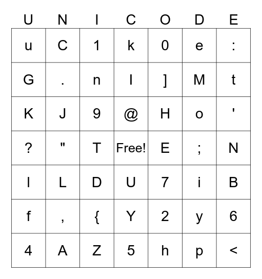 Basic Latin Unicode Block Characters-Only Bingo Card