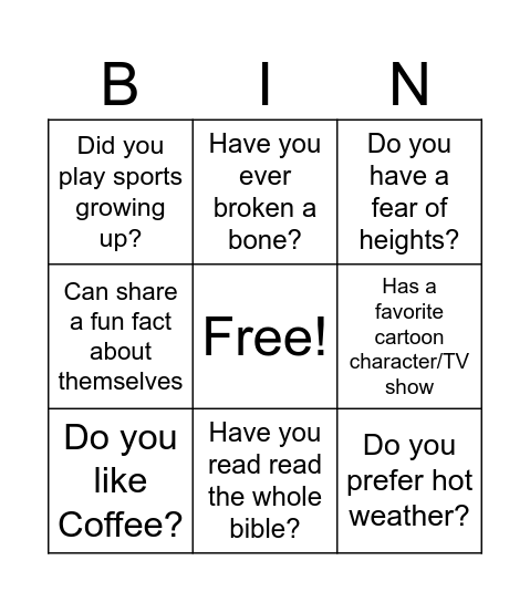 24 Questions Bingo Card