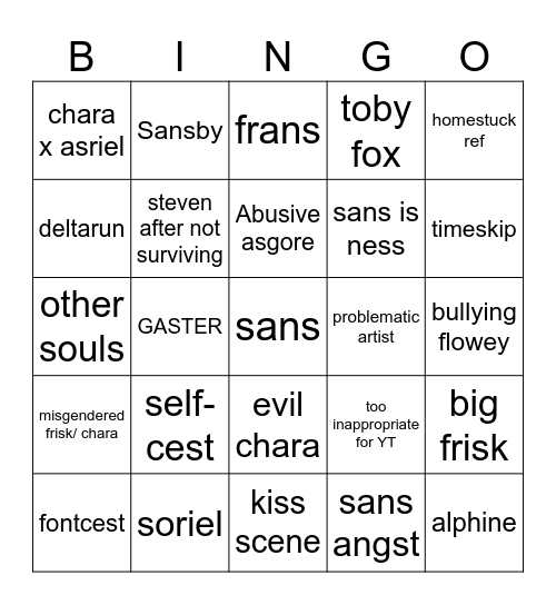 Undertale Fandom Bingo Board Bingo Card