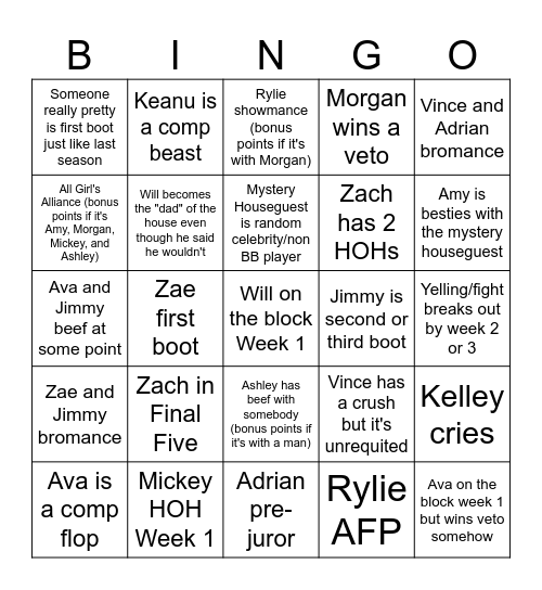 Big Brother 27 Bingo Card