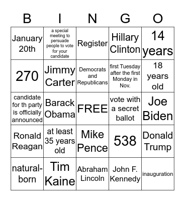 Presidential Bingo Card