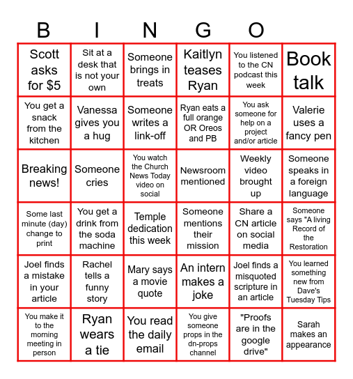Church News Print Day Bingo Card