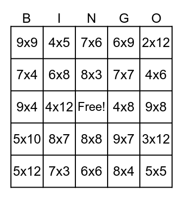 Multiplication Bingo Card