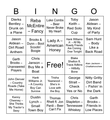 Country Music Bingo Card