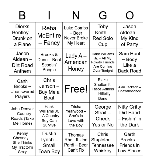 Country Music Bingo Card