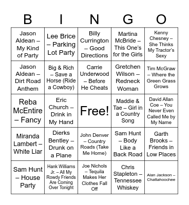 Country Music Bingo Card