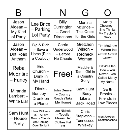 Country Music Bingo Card