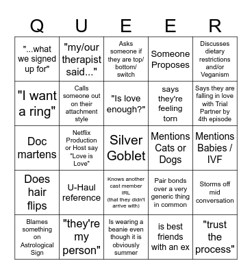 The Ultimatum: Queer Love Bingo Card