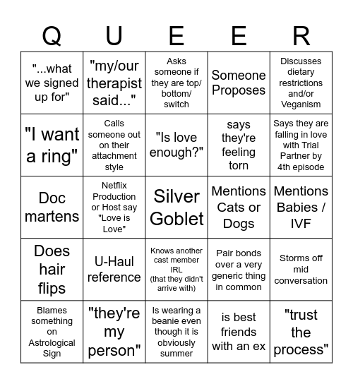 The Ultimatum: Queer Love Bingo Card