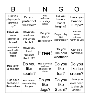 24 Questions Bingo Card